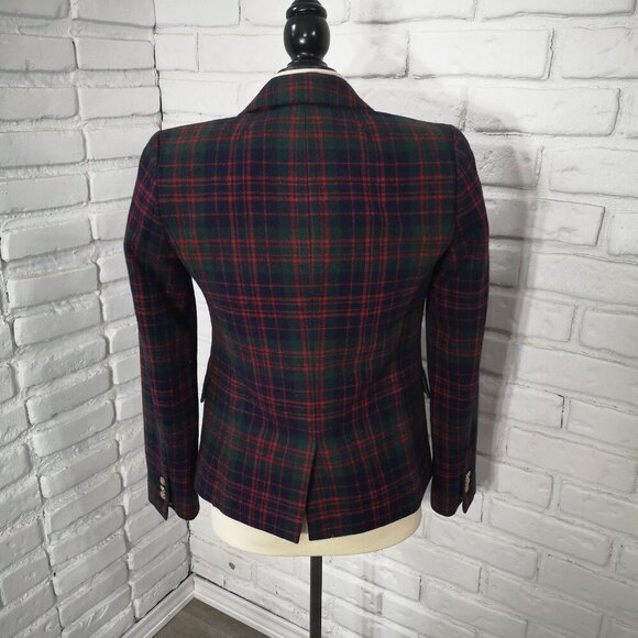 J. Crew Ladies Size 00 Navy Green Red Plaid Lined Wool Blend Blazer - Picture 2 of 12